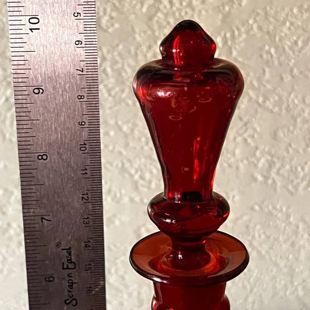 Vintage Ruby Red Decanter with Stopper Bohemian Style Glass Floral Etched Design